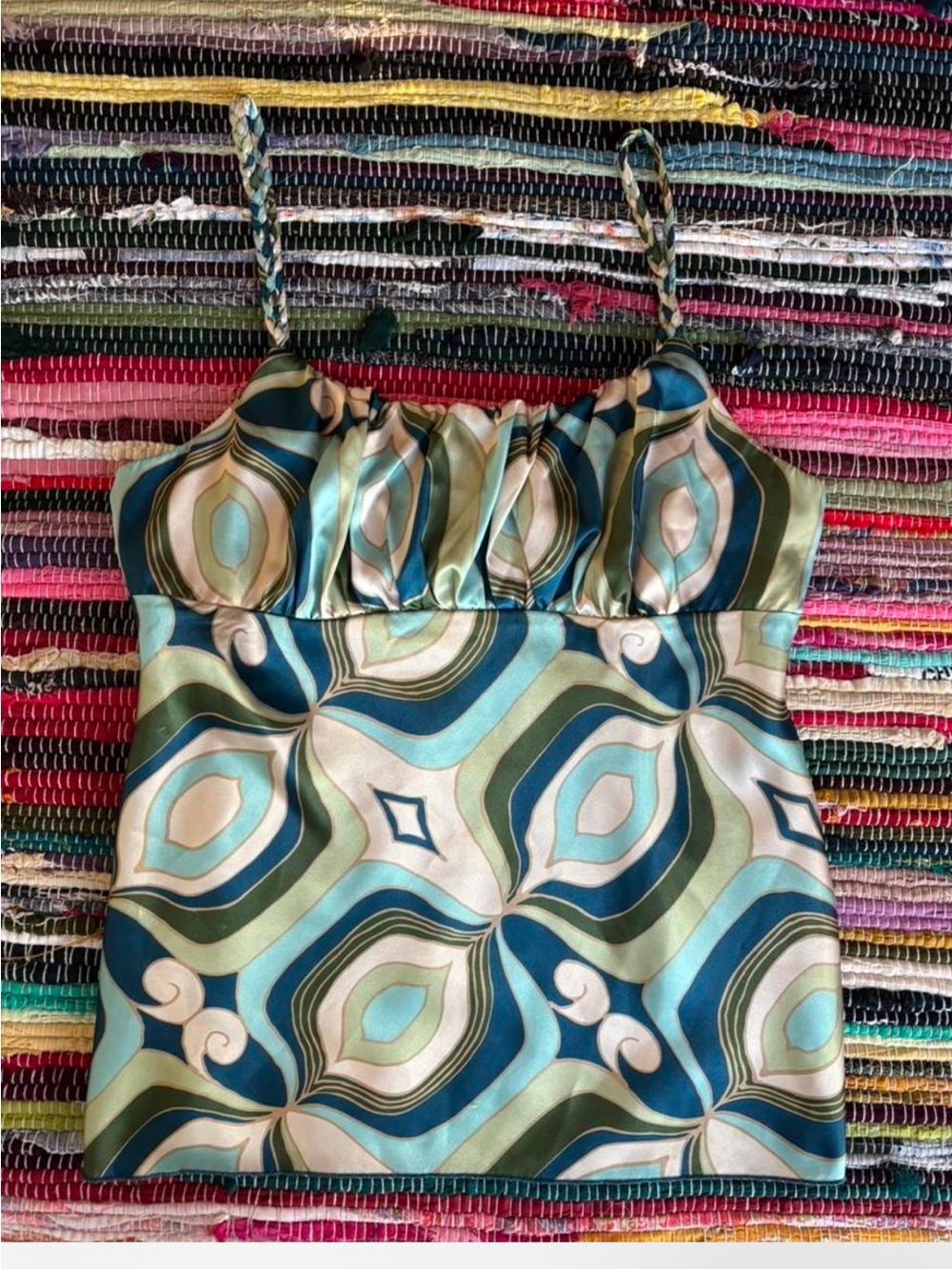 Iz Byer Teal Green Cream Blue Patterned Satin Camisole